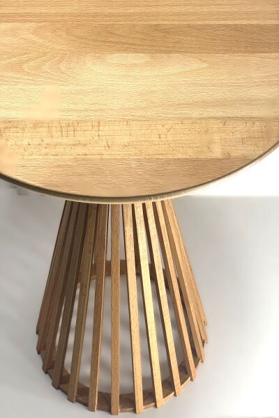 Yuvarlak Ahşap Yan Sehpa 41 cm – Modern Dikey Çıtalı Dekoratif Sehpa 45 cm