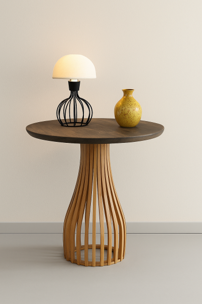 Yuvarlak Ahşap Yan Sehpa 44 cm – Bombeli Gövdeli Modern Dekoratif Sehpa 45 cm