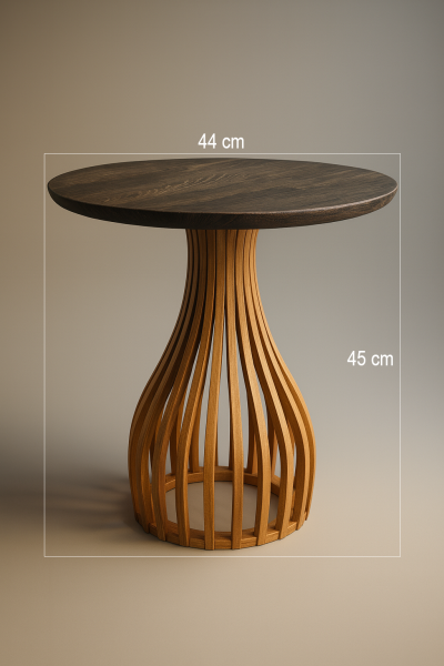 Yuvarlak Ahşap Yan Sehpa 44 cm – Bombeli Gövdeli Modern Dekoratif Sehpa 45 cm
