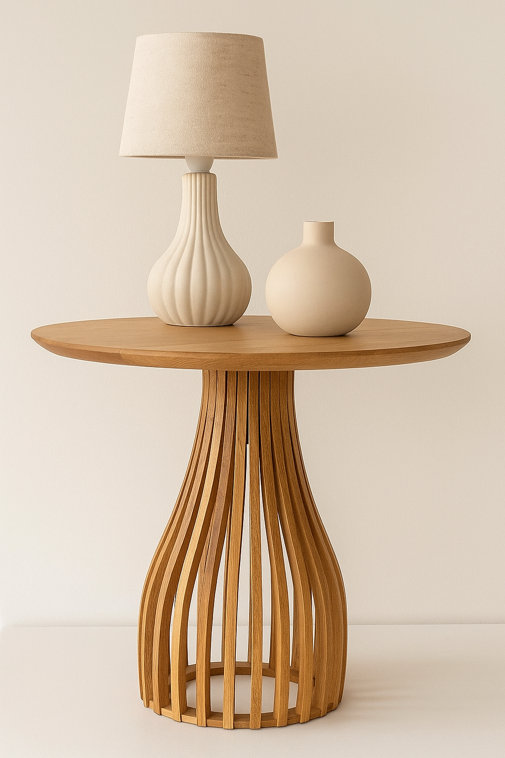 Yuvarlak Ahşap Yan Sehpa 41 cm – Bombeli Gövdeli Modern Dekoratif Sehpa 45 cm