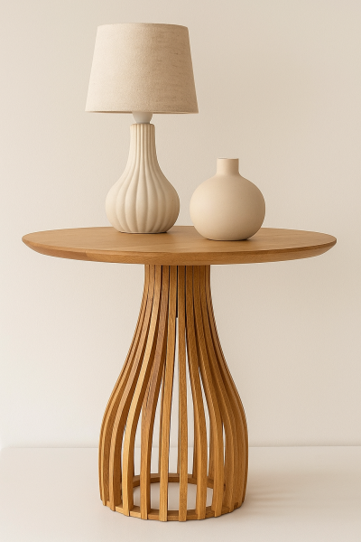 Yuvarlak Ahşap Yan Sehpa 41 cm – Bombeli Gövdeli Modern Dekoratif Sehpa 45 cm