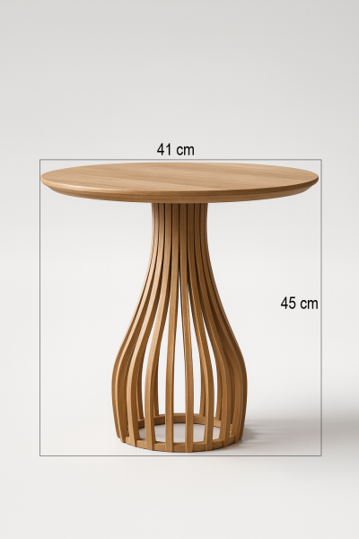 Yuvarlak Ahşap Yan Sehpa 41 cm – Bombeli Gövdeli Modern Dekoratif Sehpa 45 cm