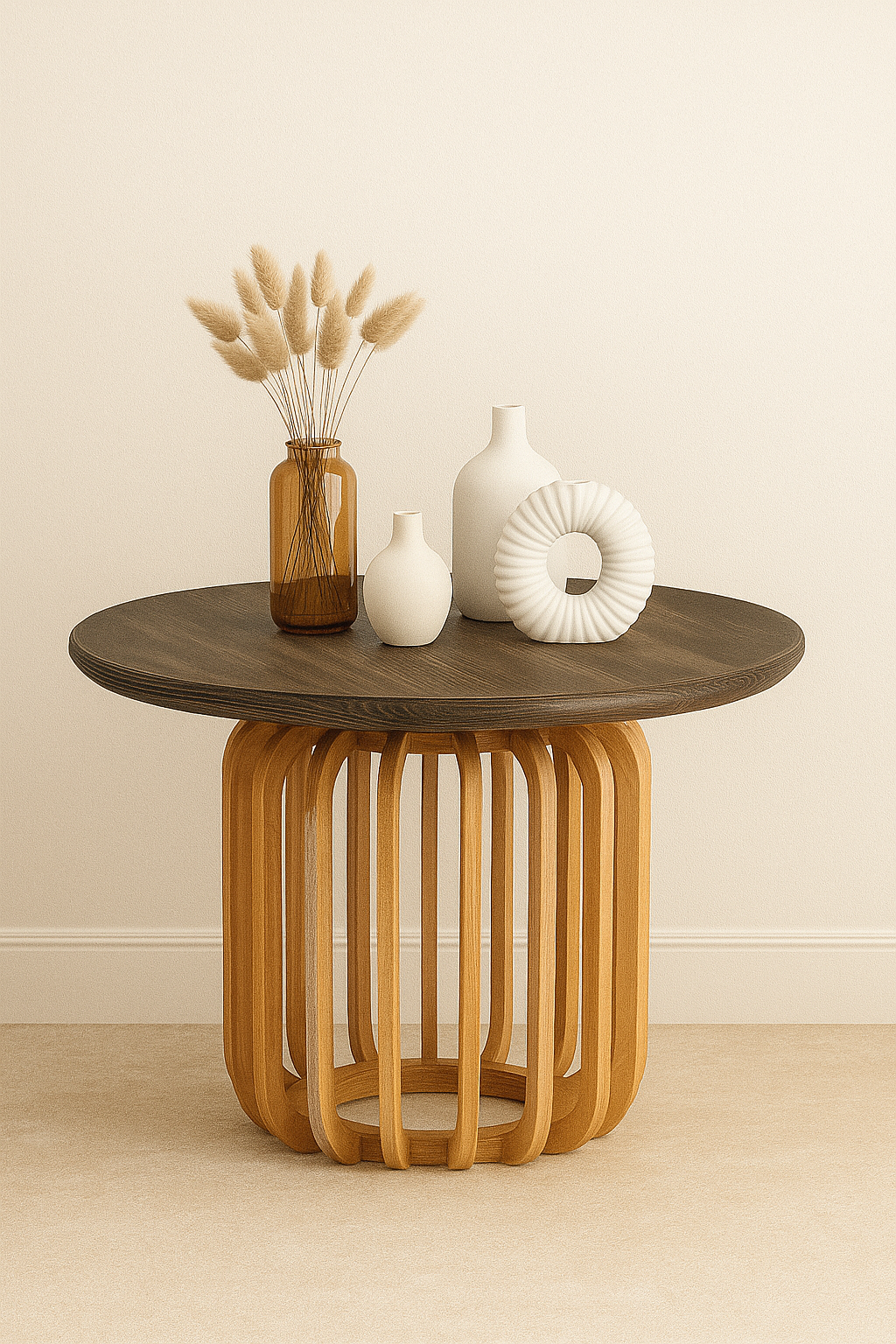 Yuvarlak Ahşap Yan Sehpa 44 cm – Kısa Dikey Çıtalı Modern Dekoratif Sehpa 35 cm