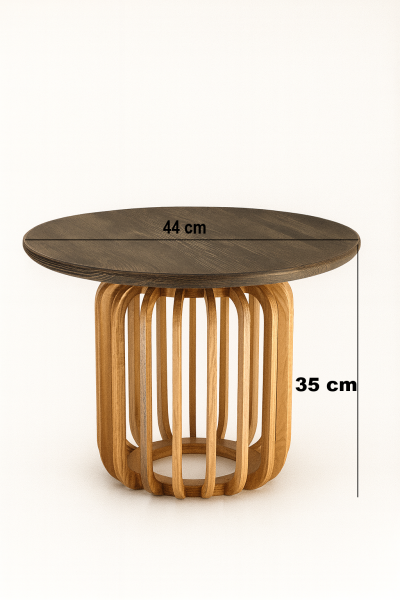 Yuvarlak Ahşap Yan Sehpa 44 cm – Kısa Dikey Çıtalı Modern Dekoratif Sehpa 35 cm