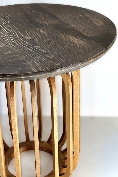 Yuvarlak Ahşap Yan Sehpa 44 cm – Kısa Dikey Çıtalı Modern Dekoratif Sehpa 35 cm