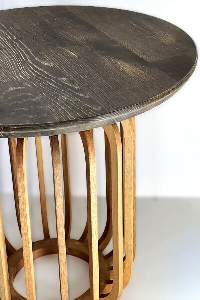 Yuvarlak Ahşap Yan Sehpa 44 cm – Kısa Dikey Çıtalı Modern Dekoratif Sehpa 35 cm