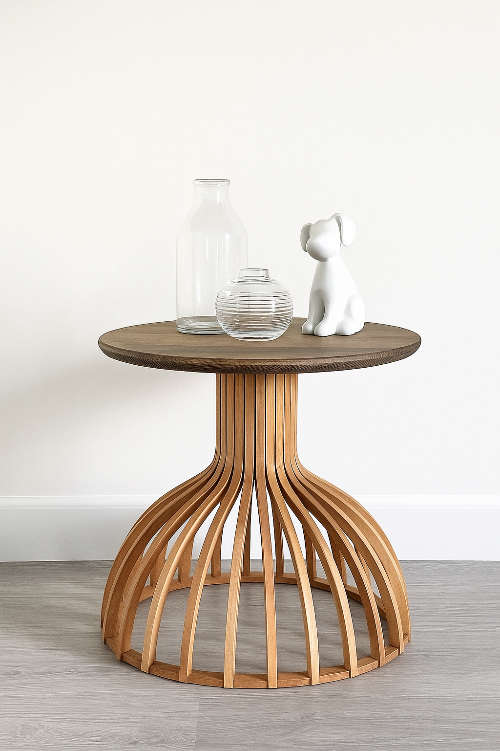 Yuvarlak Ahşap Yan Sehpa 44 cm – Alçak Bombeli Gövdeli Dekoratif Sehpa 38 cm