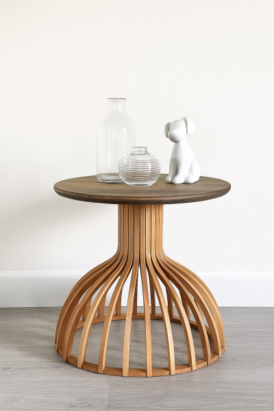 Yuvarlak Ahşap Yan Sehpa 44 cm – Alçak Bombeli Gövdeli Dekoratif Sehpa 38 cm