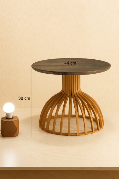 Yuvarlak Ahşap Yan Sehpa 44 cm – Alçak Bombeli Gövdeli Dekoratif Sehpa 38 cm