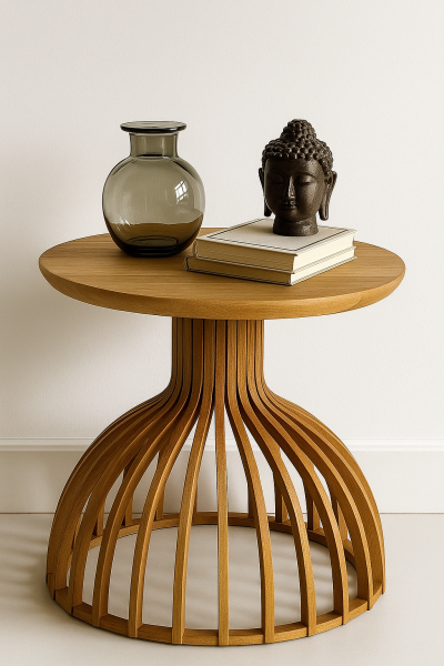 Yuvarlak Ahşap Yan Sehpa 41 cm – Alçak Bombeli Gövdeli Dekoratif Sehpa 38 cm