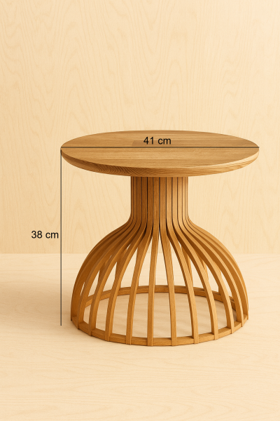 Yuvarlak Ahşap Yan Sehpa 41 cm – Alçak Bombeli Gövdeli Dekoratif Sehpa 38 cm