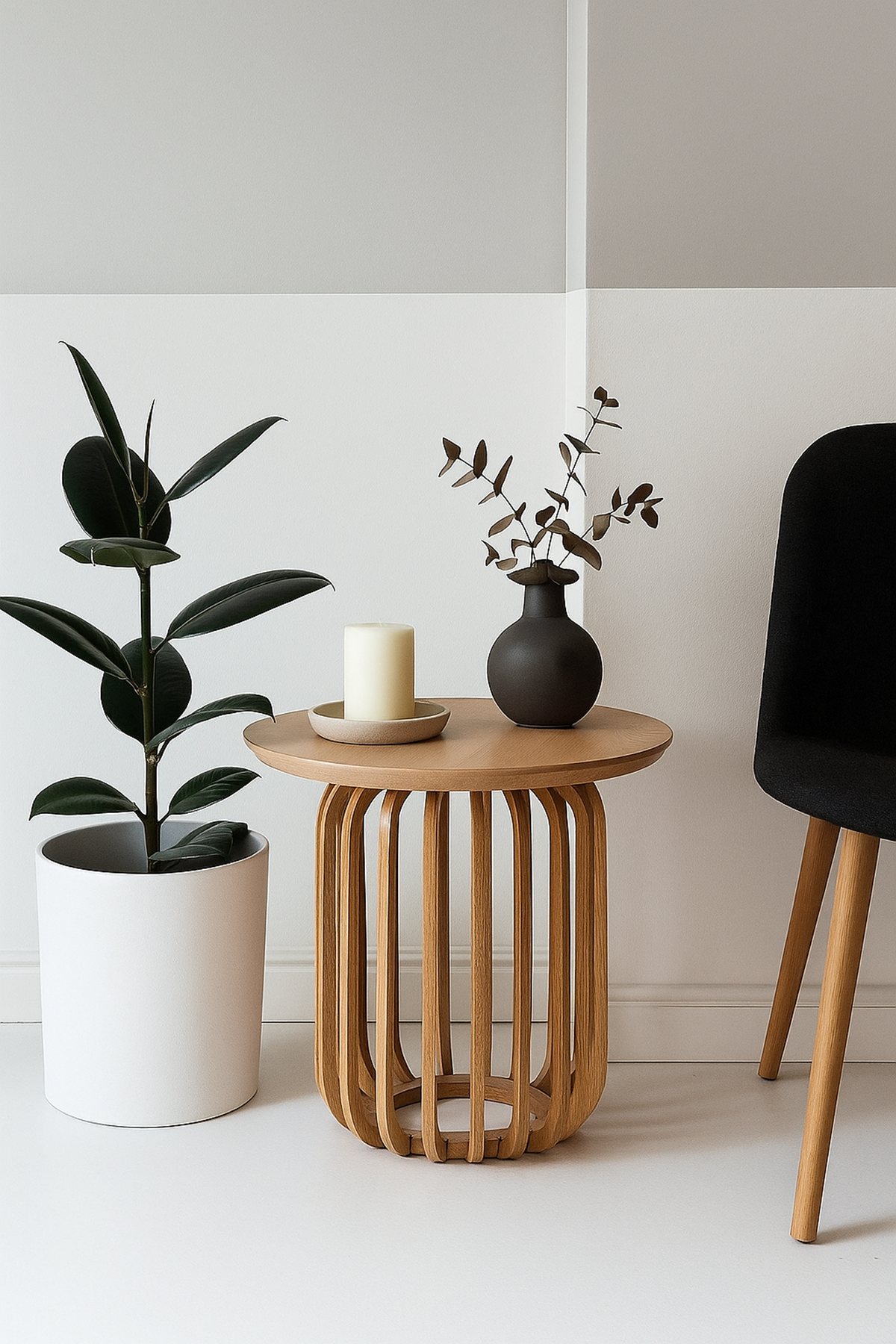 Yuvarlak Ahşap Alçak Yan Sehpa 41 cm – Dikey Çıtalı Dekoratif Sehpa 32 cm