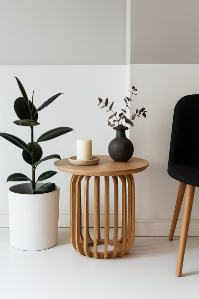 Yuvarlak Ahşap Alçak Yan Sehpa 41 cm – Dikey Çıtalı Dekoratif Sehpa 32 cm