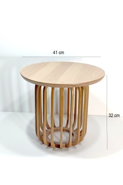Yuvarlak Ahşap Alçak Yan Sehpa 41 cm – Dikey Çıtalı Dekoratif Sehpa 32 cm