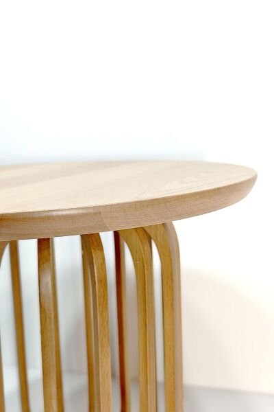 Yuvarlak Ahşap Alçak Yan Sehpa 41 cm – Dikey Çıtalı Dekoratif Sehpa 32 cm