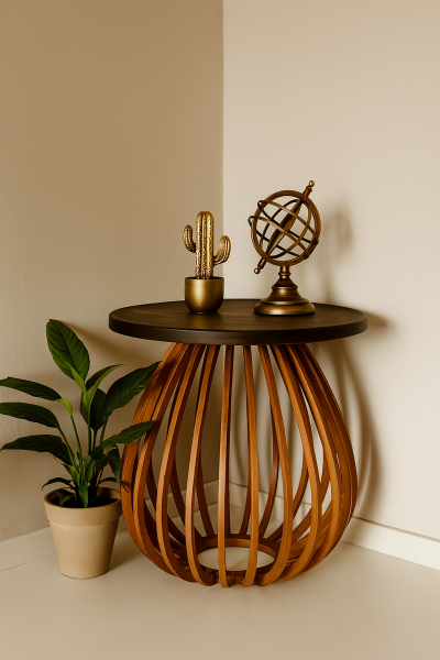 60 cm Yuvarlak Ahşap Orta Sehpa | Modern Bombeli Gövdeli Dekoratif Sehpa