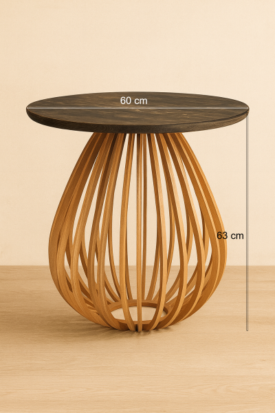 60 cm Yuvarlak Ahşap Orta Sehpa | Modern Bombeli Gövdeli Dekoratif Sehpa