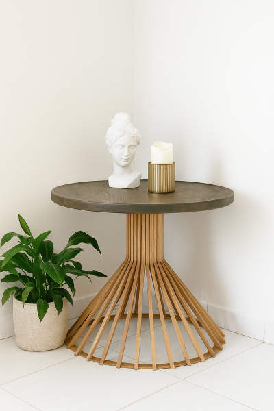 60 cm Yuvarlak Ahşap Sehpa | Modern Bombeli Ayaklı Tasarım Sehpa 48 cm