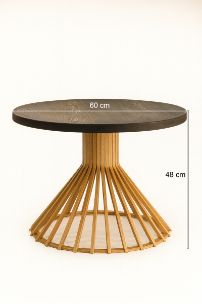 60 cm Yuvarlak Ahşap Sehpa | Modern Bombeli Ayaklı Tasarım Sehpa 48 cm