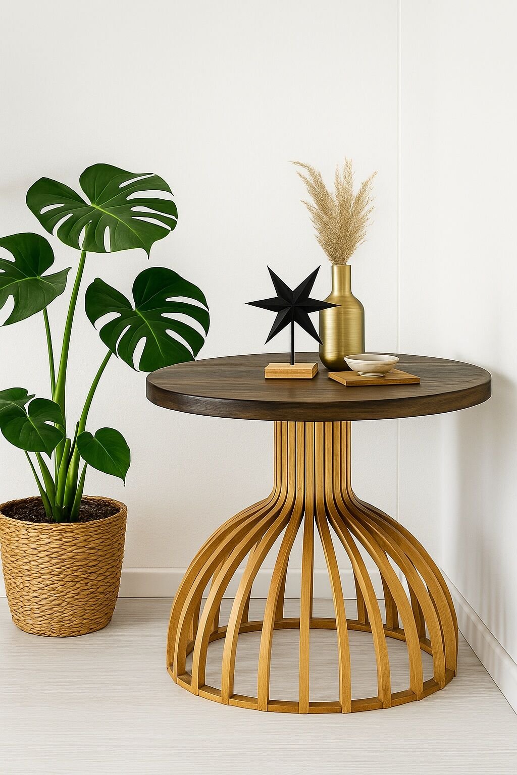 60 cm Yuvarlak Ahşap Orta Sehpa | Modern Bombeli Ayaklı Dekoratif Sehpa