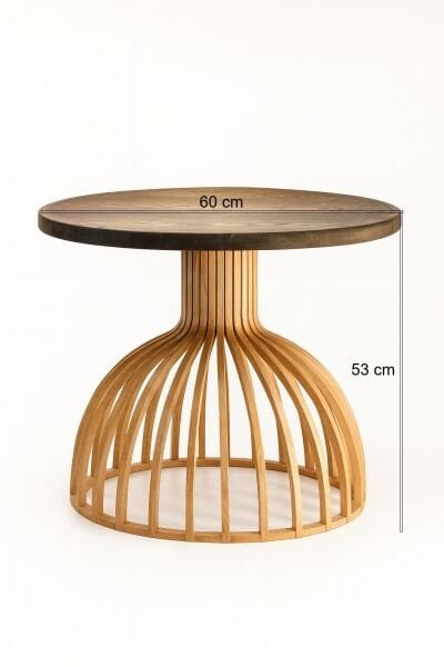 60 cm Yuvarlak Ahşap Orta Sehpa | Modern Bombeli Ayaklı Dekoratif Sehpa