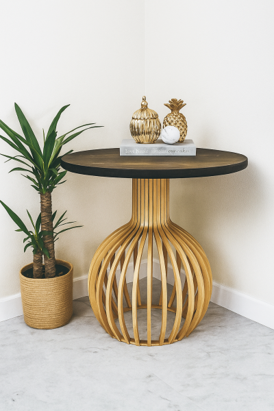 60 cm Yuvarlak Ahşap Orta Sehpa | Modern Bombeli Gövdeli Premium Tasarım