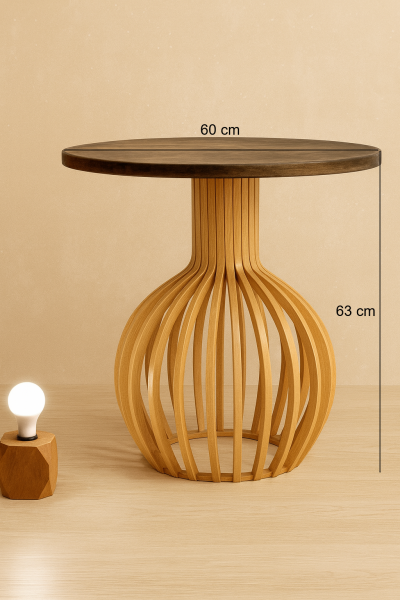 60 cm Yuvarlak Ahşap Orta Sehpa | Modern Bombeli Gövdeli Premium Tasarım