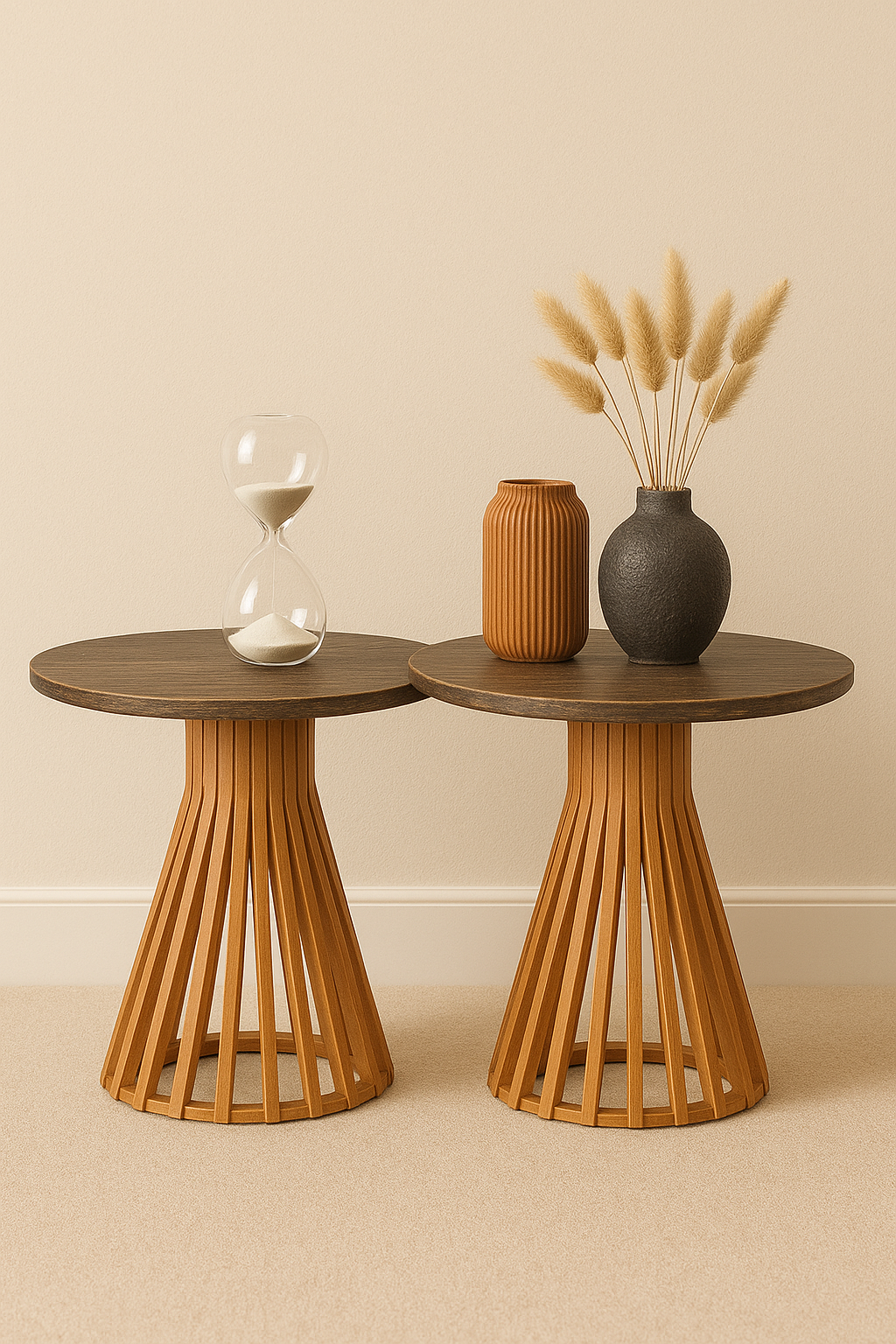 Yuvarlak Ahşap Yan Sehpa 44 cm – Bombeli Ayaklı Modern Tasarım Sehpa 45 cm