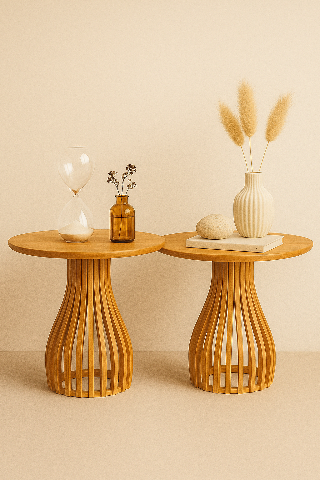 41 cm yuvarlak ahşap yan sehpa, 45 cm yükseklik, dikey çıtalı bombeli ayak tasarımı, doğal ahşap ton