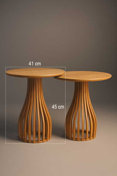 41 cm yuvarlak ahşap yan sehpa, 45 cm yükseklik, dikey çıtalı bombeli ayak tasarımı, doğal ahşap ton