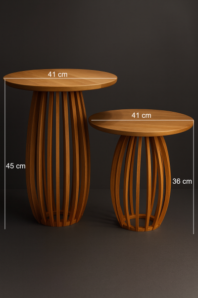 41 cm yuvarlak ahşap yan sehpa seti, 45 cm ve 36 cm yükseklik, dikey çıtalı ayak tasarımı, doğal ahşap ton