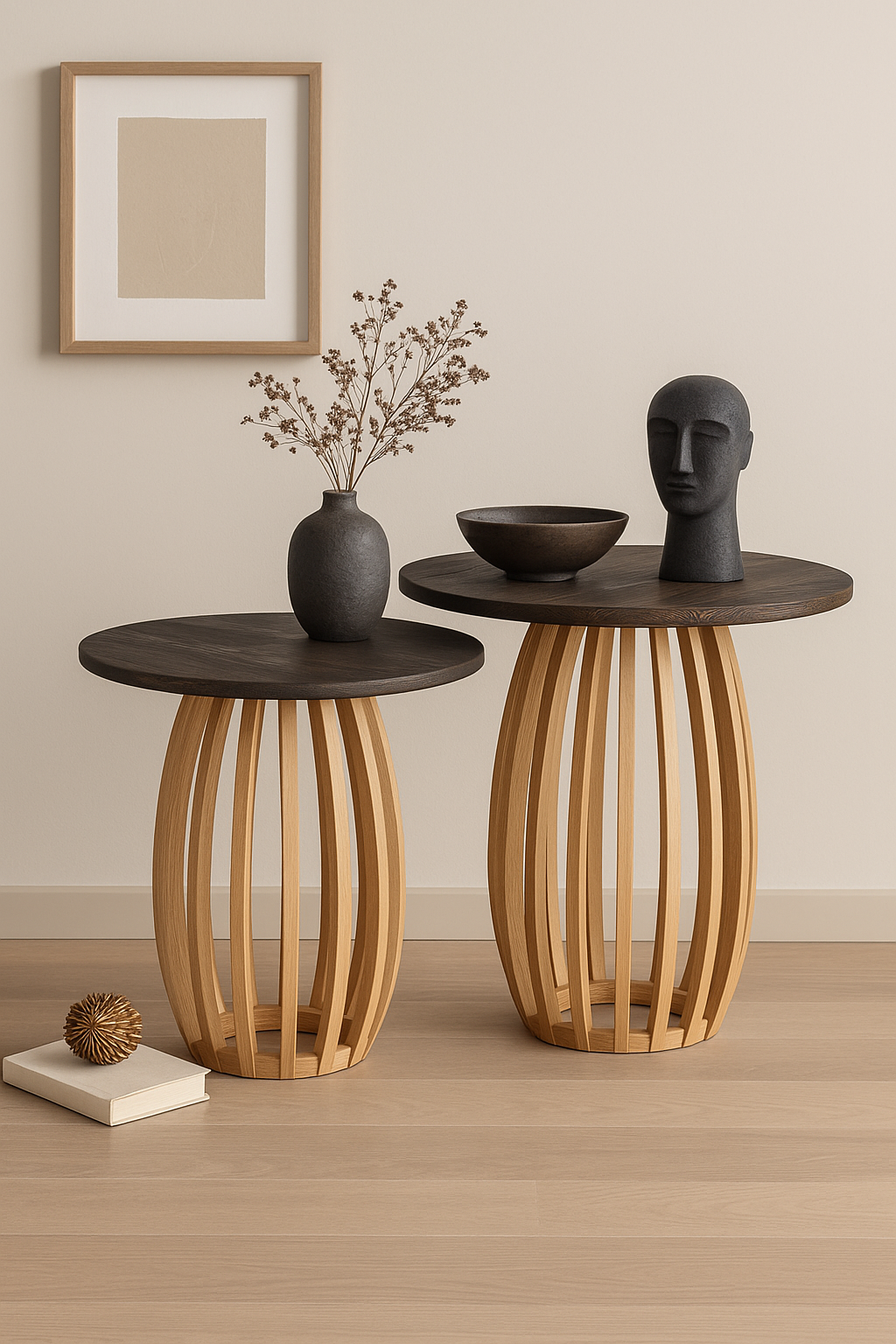 44 cm yuvarlak ahşap yan sehpa seti, 45 cm ve 36 cm yükseklik, dikey çıtalı ayak tasarımı, koyu ton tabla