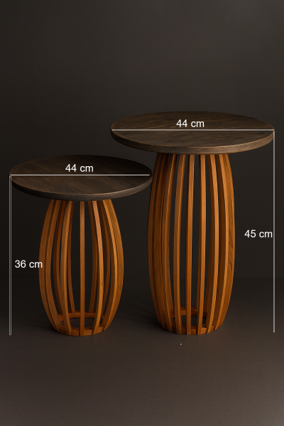 44 cm yuvarlak ahşap yan sehpa seti, 45 cm ve 36 cm yükseklik, dikey çıtalı ayak tasarımı, koyu ton tabla