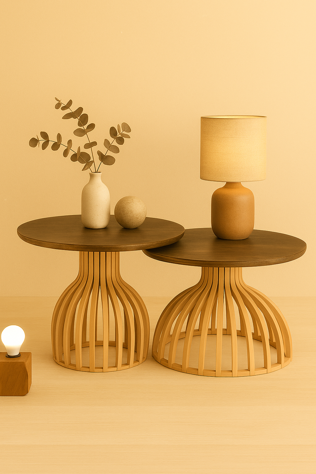 44 cm yuvarlak ahşap yan sehpa seti, 40 cm ve 38 cm yükseklik, geniş bombeli çıtalı ayak tasarımı, koyu ton tabla