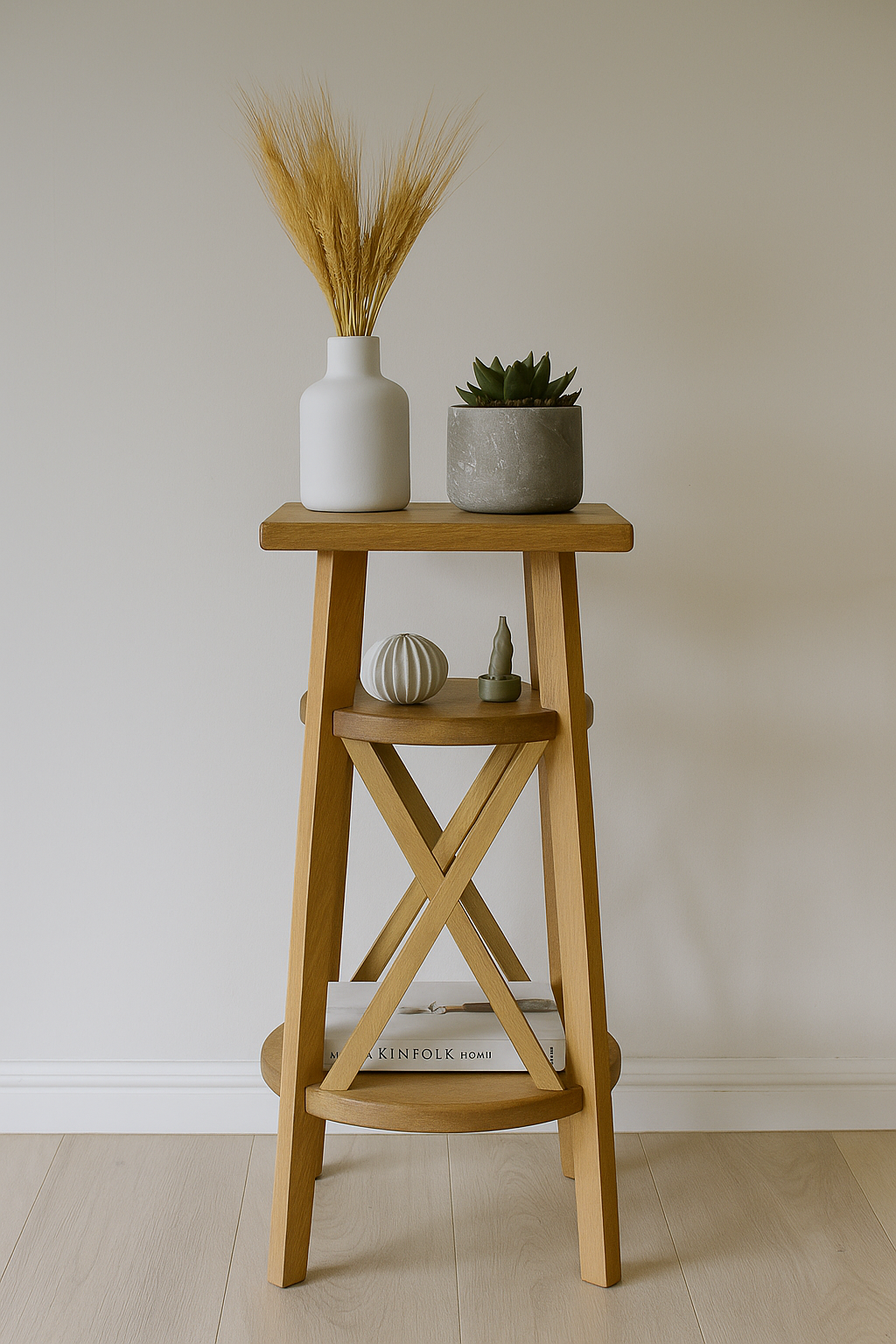 25 cm kare tablalı ahşap yan sehpa, 59 cm yükseklik, iki raflı ve çapraz destekli doğal ahşap tasarım