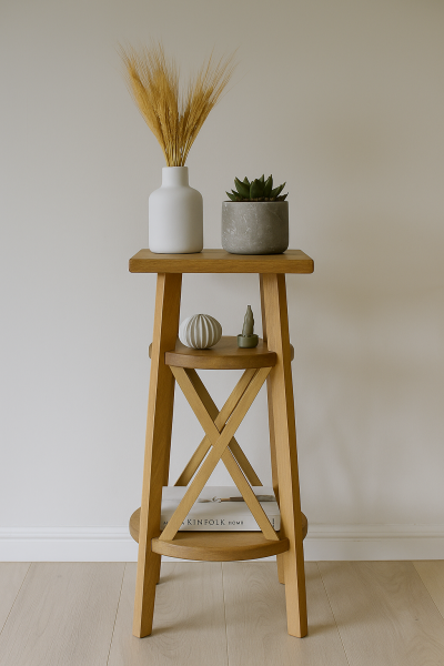 25 cm kare tablalı ahşap yan sehpa, 59 cm yükseklik, iki raflı ve çapraz destekli doğal ahşap tasarım
