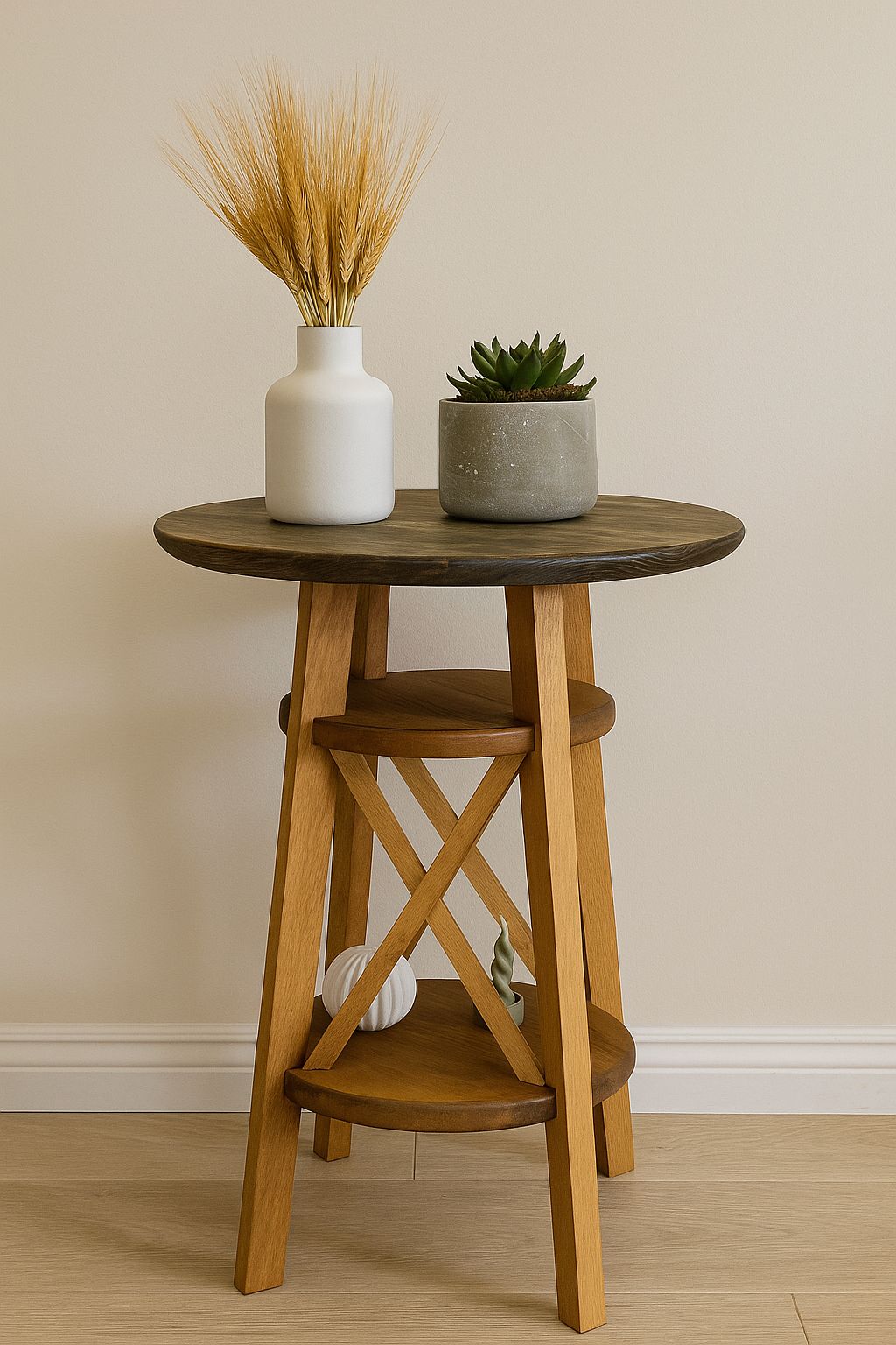 44 cm yuvarlak tablalı ahşap yan sehpa, 61 cm yükseklik, çift raflı ve çapraz destekli doğal ahşap tasarım