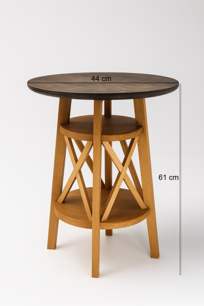 44 cm yuvarlak tablalı ahşap yan sehpa, 61 cm yükseklik, çift raflı ve çapraz destekli doğal ahşap tasarım