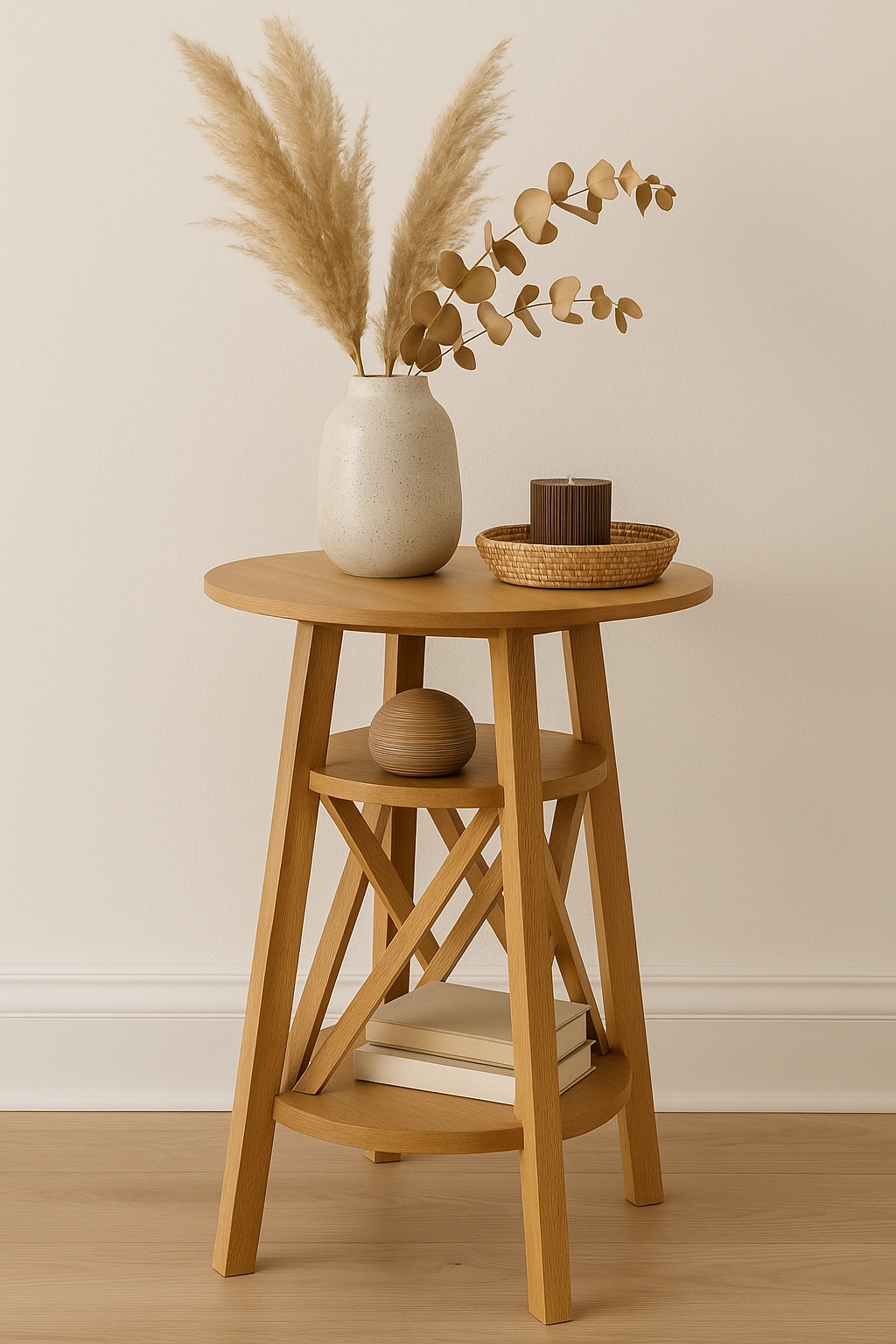 41 cm yuvarlak tablalı ahşap yan sehpa, 61 cm yükseklik, çift raflı ve çapraz destekli doğal ahşap tasarım