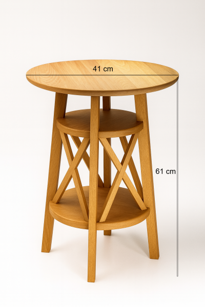 41 cm yuvarlak tablalı ahşap yan sehpa, 61 cm yükseklik, çift raflı ve çapraz destekli doğal ahşap tasarım