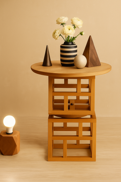 41 cm yuvarlak tablalı ahşap yan sehpa, 45 cm yükseklik, geometrik iskelet gövdeli ve raflı doğal ahşap tasarım