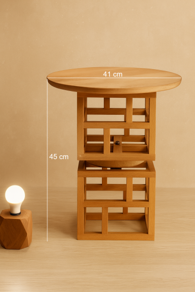 41 cm yuvarlak tablalı ahşap yan sehpa, 45 cm yükseklik, geometrik iskelet gövdeli ve raflı doğal ahşap tasarım