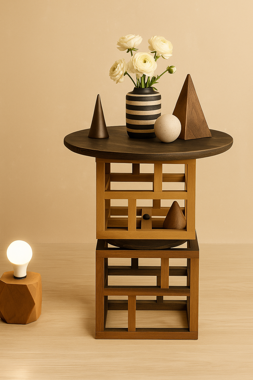 44 cm yuvarlak tablalı ahşap yan sehpa, 45 cm yükseklik, raflı ve geometrik iskelet formuna sahip modern tasarım