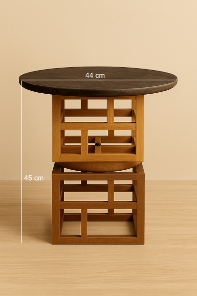 44 cm yuvarlak tablalı ahşap yan sehpa, 45 cm yükseklik, raflı ve geometrik iskelet formuna sahip modern tasarım