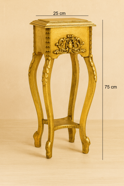 25 cm üst tablalı, 75 cm yüksekliğinde, altın varak kaplamalı klasik stil dekoratif ahşap yan sehpa