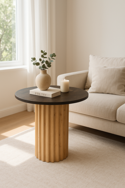 44 cm çapında üst tablalı, 47 cm yüksekliğinde, dikey yivli silindirik ahşap ayaklı modern yan sehpa