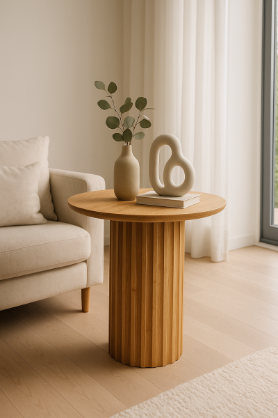 41 cm çapında üst tablalı, 47 cm yüksekliğinde, dikey yivli silindirik ahşap gövdeli modern yan sehpa