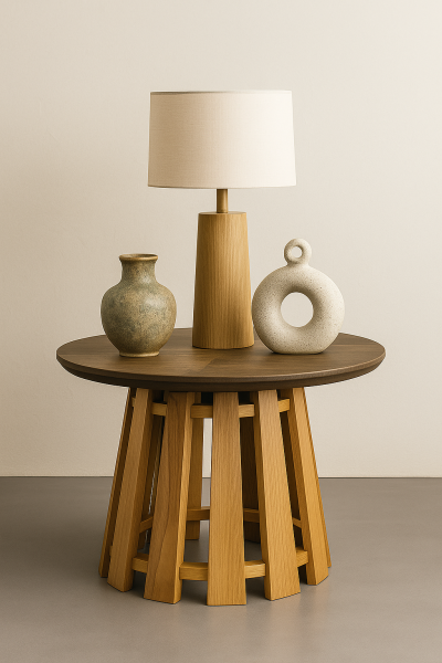 44 cm çapında yuvarlak üst tablalı, 37 cm yüksekliğinde, çok ayaklı masif ahşap yan sehpa