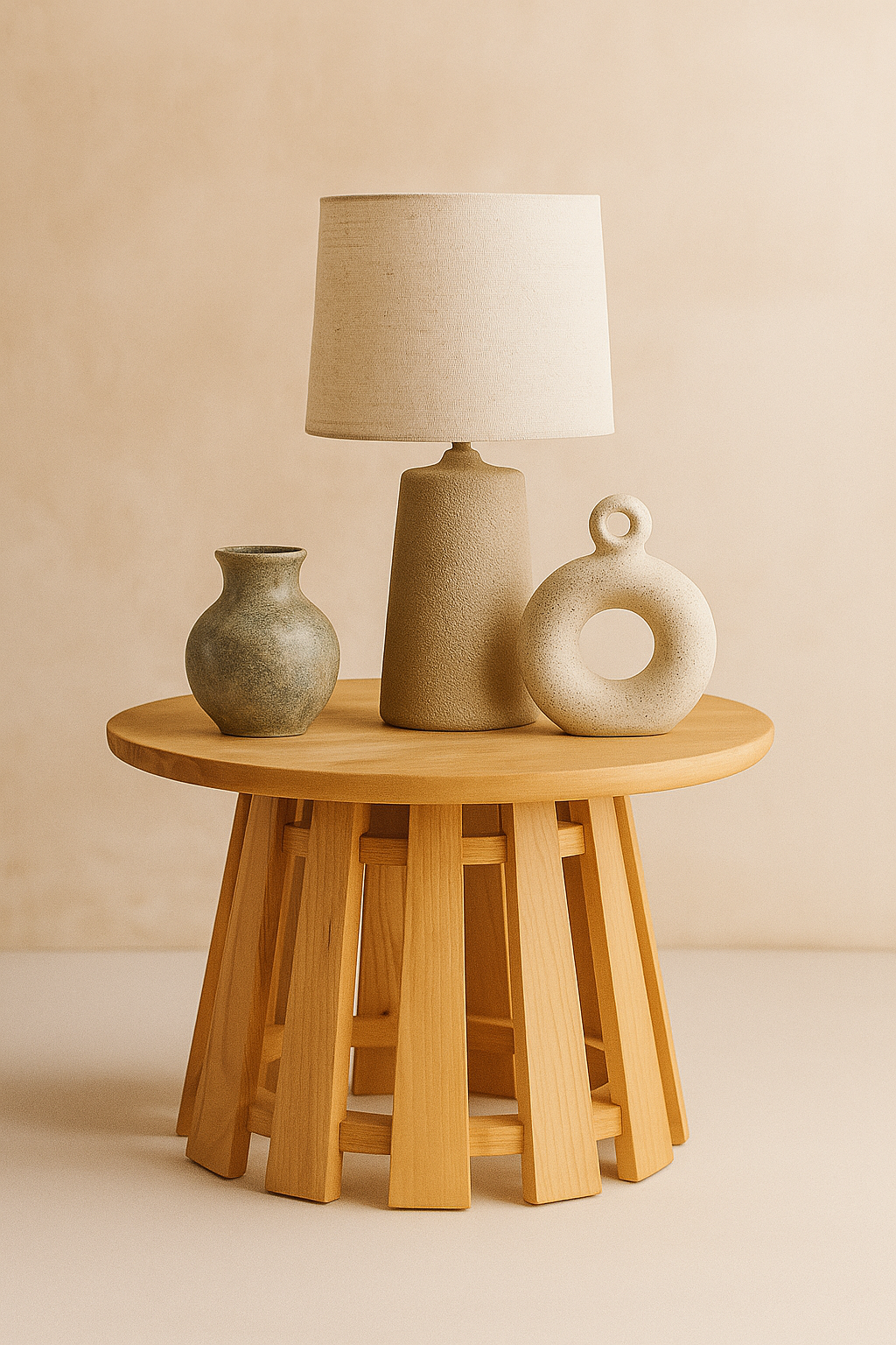 41 cm çapında yuvarlak üst tablalı, 37 cm yüksekliğinde, çok ayaklı masif ahşap yan sehpa