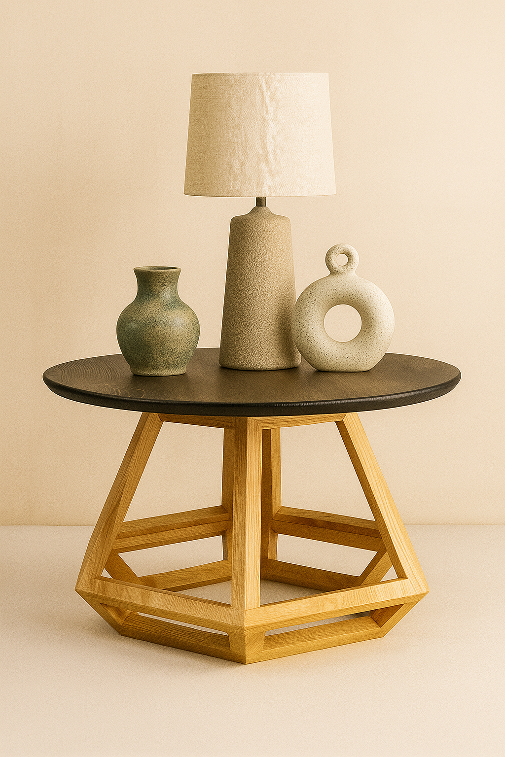 50 cm çapında yuvarlak üst tablalı, 35 cm yüksekliğinde, geometrik ayaklı masif ahşap sehpa